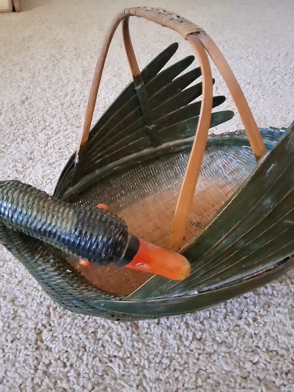 15.5"X 7.5" 70's Hand Woven Green Swan Basket with Bamboo Handle and Footed Base